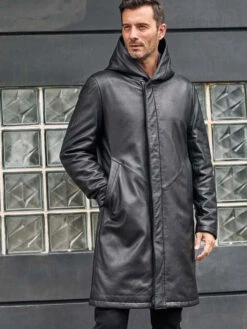 Custom Made Overcoat Warm Down Jacket Black Leather Parkas Oversize Winter Outwear