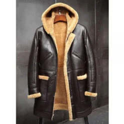 Custom Made Mens RAF Hooded Shearling Fur Sheepskin Leather Long Jacket Winter Coats