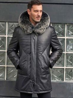 Custom Made Leather Down Jacket With Fox Fur Collar Hooded Winter Overcoat Long Warm Outwear