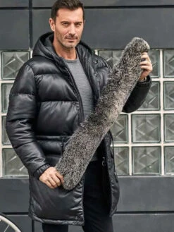 Custom Made Leather Down Jacket With Fox Fur Collar Long Winter Coat Hooded Warm Overcoat -Milani Jackets Shop shearling leather coat 3 5736b5da 42ce 4654 98a5 edf05cbdb38d