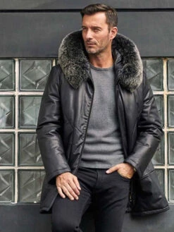 Custom Made Leather Down Jacket With Fox Fur Collar Hooded Winter Overcoat Long Warm Outwear -Milani Jackets Shop shearling leather coat 3 fa24d137 9b6c 4e1f b6b4 1e082e91db01