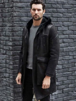 Custom Made Men's Winter Shearling Fur Black Leather Long Trench Coat Outerwear -Milani Jackets Shop shearling leather coat 4 71a6c0d8 e003 4fe7 9e7b 01569568dfcc