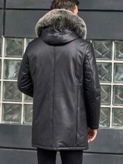 Custom Made Leather Down Jacket With Fox Fur Collar Hooded Winter Overcoat Long Warm Outwear -Milani Jackets Shop shearling leather coat 5 d801f0aa 3b56 4341 89b4 104731196296