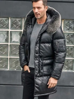 Custom Made Leather Down Jacket With Fox Fur Collar Long Winter Coat Hooded Warm Overcoat -Milani Jackets Shop shearling leather coat 5 e99be01a 8a3c 4da9 b706 960624977aa7