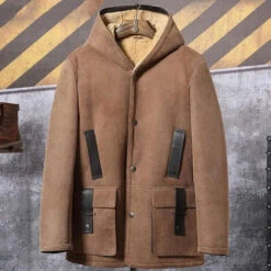 Custom Made Men's Shearling Hooded Suede Leather Bomber Long Jacket Trench Coat