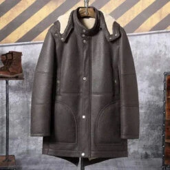 Custom Made Men's Hooded Shearling Leather Long Trench Coat