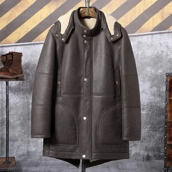 Custom Made Men's Hooded Shearling Leather Long Trench Coat 3 Custom Made Men's Hooded Shearling Leather Long Trench Coat