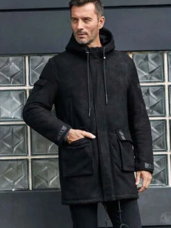 Custom Made Outwear Winter Fur Coat Black Sheepskin Leather Overcoat