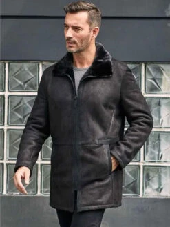Custom Made Men Black Shearling Fur Outwear Mink Overcoat Lapel Leather Jacket Coat