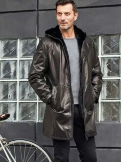 Custom Made Shearling Fur Hooded Leather Trench Coat Outerwear