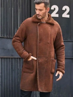 Custom Made Winter Brown Fur Leather Long Trench Overcoat Outwear