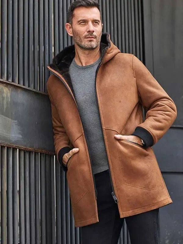 Custom Made Brown Sheepskin Shearling Fur Hooded Outwear Winter Overcoat Leather Jacket 4 Custom Made Brown Sheepskin Shearling Fur Hooded Outwear Winter Overcoat Leather Jacket - Image 2