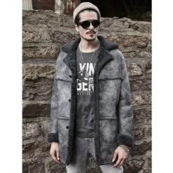 Custom Made Men's Hunting Leather Shearling Bomber Trench Coat -Milani Jackets Shop shearling leather coat4 60f02505 a149 44a5 ad77 3be003d3600a