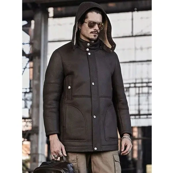 Custom Made Men's Hooded Shearling Leather Long Trench Coat 6 Custom Made Men's Hooded Shearling Leather Long Trench Coat - Image 4