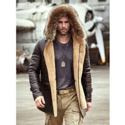 Custom Made Men's Bomber Hooded Mink Fur Shearling Leather Long Jacket Coat -Milani Jackets Shop shearling leather coat6
