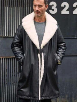 Men’s Shearling Coat Men's Winter Shearling Fur Black Leather Long Trench Coat Outerwear