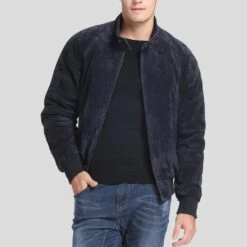 Shearling Leather Admiral Navy Blue Suede Bomber Leather Jacket